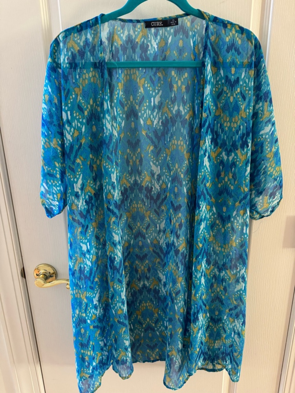 CURE Size XL Blue Patterned Sheer Short Sleeve Duster or beach cover-up. NWOT